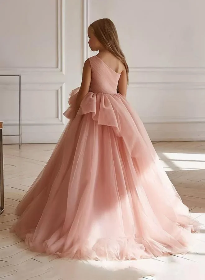 تايك تو فستان طويل بناتي وردي بكتف واحد وتفاصيل كشكش